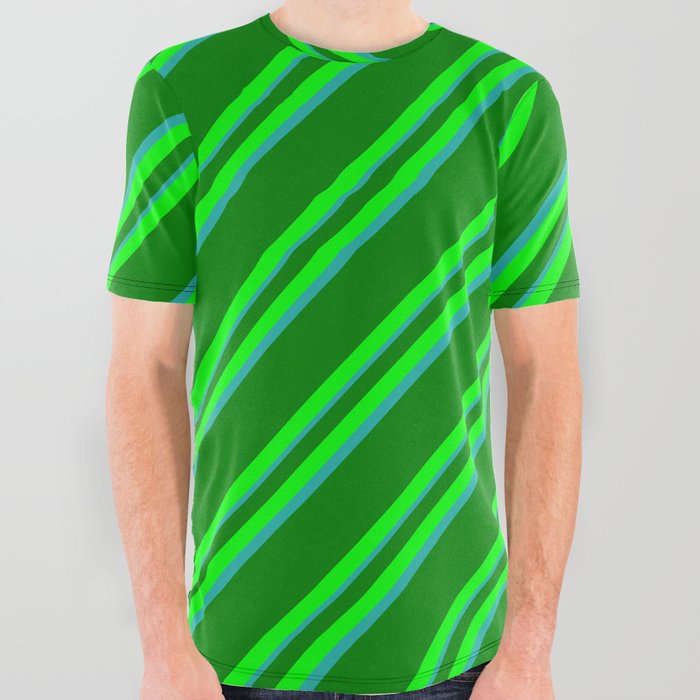 Green, Lime, and Light Sea Green Colored Lined Pattern All Over Graphic Tee