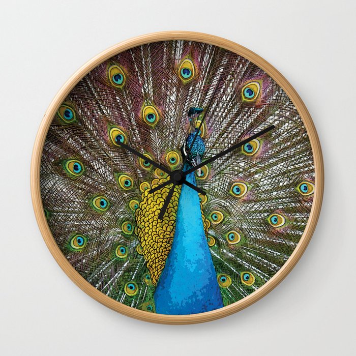 Proud Peacock Artwork in Teal, Green, and Gold Wall Clock
