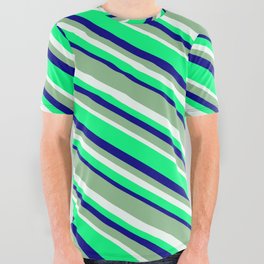[ Thumbnail: Dark Sea Green, Mint Cream, Green, and Blue Colored Striped Pattern All Over Graphic Tee ]