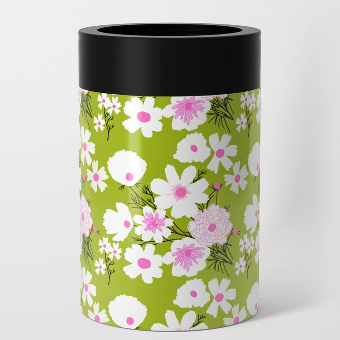 Modern Retro Spring Flowers Pink And Green Can Cooler