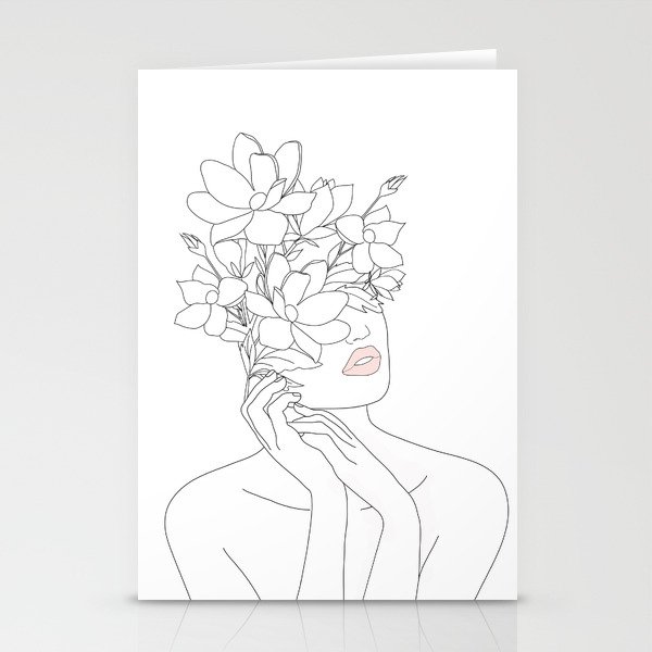 Minimal Line Art Woman with Magnolia Stationery Cards