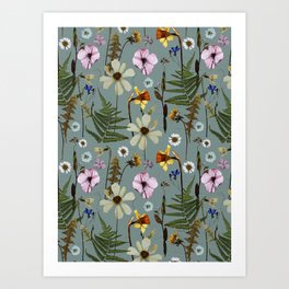Pressed flowers collage in green Art Print