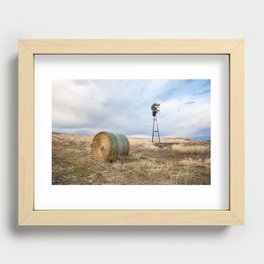 Prairie Life - Old Windmill and Round Hay Bale on Autumn Day in Oklahoma Recessed Framed Print