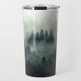 Green misty mountain pine forest in cloudy and rainy - vintage style photo Travel Mug