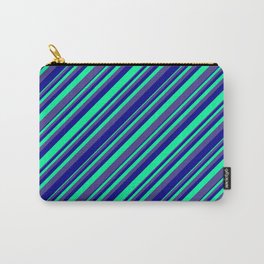 [ Thumbnail: Green, Dark Slate Blue & Dark Blue Colored Lined/Striped Pattern Carry-All Pouch ]