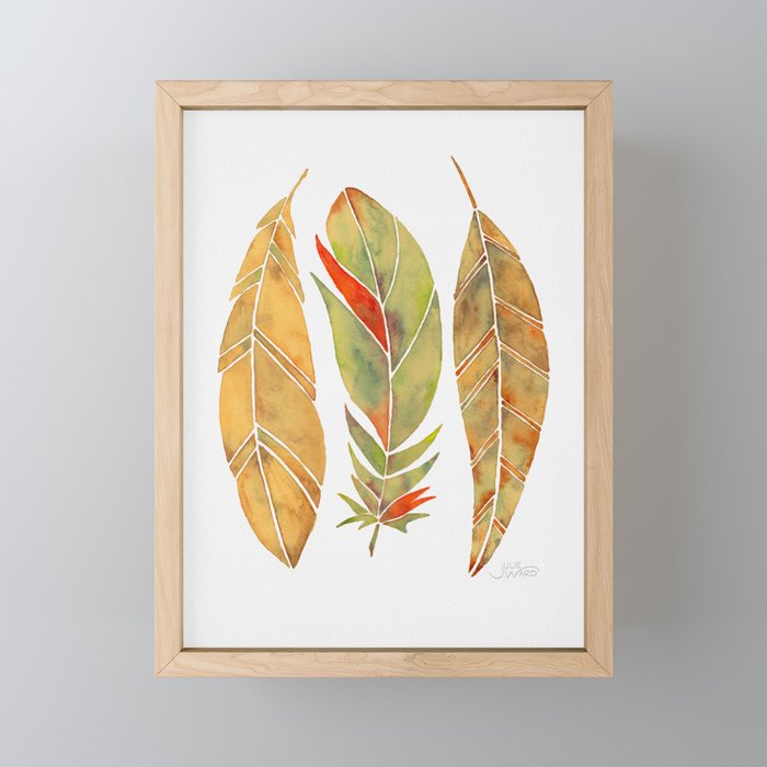 Watercolor Feathers - Avocado & Gold Framed Mini Art Print