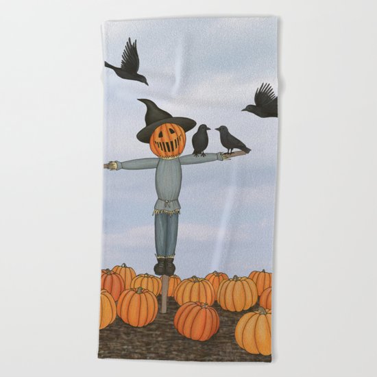 scarecrow and crows in the pumpkin patch Beach Towel