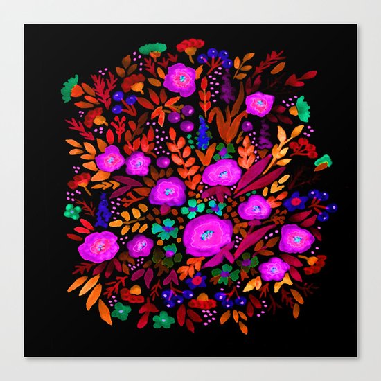 Watercolor colorful flower pattern on a black background . Canvas Print