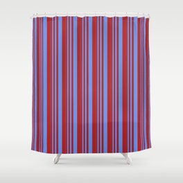 [ Thumbnail: Cornflower Blue & Red Colored Lines/Stripes Pattern Shower Curtain ]