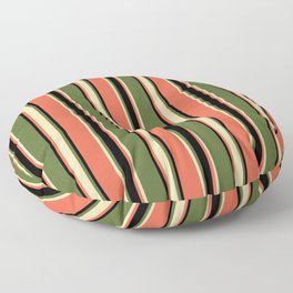 [ Thumbnail: Dark Olive Green, Tan, Red, and Black Colored Striped Pattern Floor Pillow ]