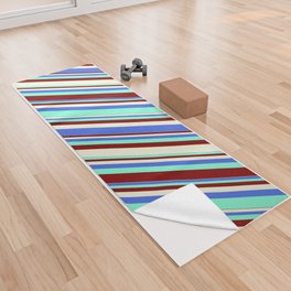 [ Thumbnail: Royal Blue, Aquamarine, Maroon & Beige Colored Striped Pattern Yoga Towel ]