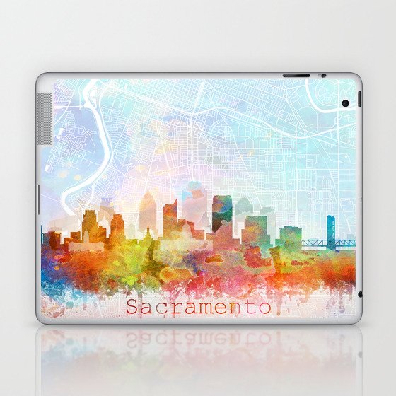 Sacramento Skyline Map Watercolor, Print by Zouzounio Art Laptop & iPad Skin