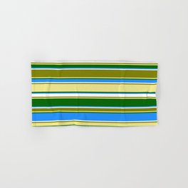 [ Thumbnail: Eyecatching Green, Tan, Dark Green, Blue, and White Colored Lines Pattern Hand & Bath Towel ]