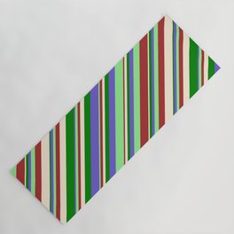 [ Thumbnail: Slate Blue, Light Green, Brown, Beige & Green Colored Pattern of Stripes Yoga Mat ]