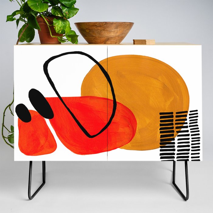 Mid Century Modern Abstract Vintage Pop Art Space Age Pattern Orange Yellow Black Orbit Accent Credenza