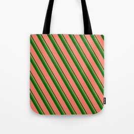 [ Thumbnail: Forest Green, Dark Green & Salmon Colored Stripes Pattern Tote Bag ]