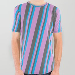 [ Thumbnail: Plum, Dim Gray, and Deep Sky Blue Colored Striped Pattern All Over Graphic Tee ]