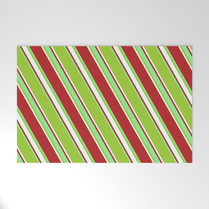 Red, Light Green, Green & Mint Cream Colored Lines Pattern Welcome Mat