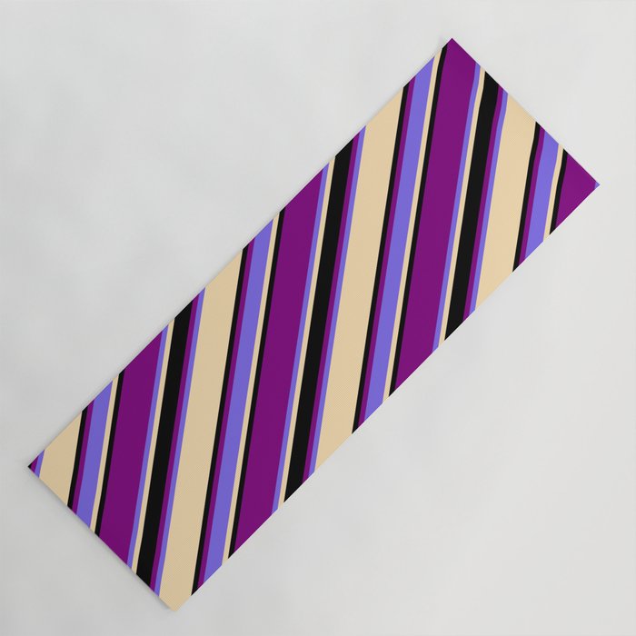 Purple, Medium Slate Blue, Beige, and Black Colored Striped/Lined Pattern Yoga Mat