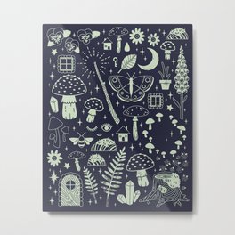 Fairy Garden: Midnight Metal Print | Pattern, Fae, Faerie, Nature, Mint, Digital, Flowers, Witch, Fantasy, Fairy 