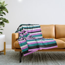 [ Thumbnail: Orchid, Teal, Black, and Mint Cream Colored Striped/Lined Pattern Throw Blanket ]