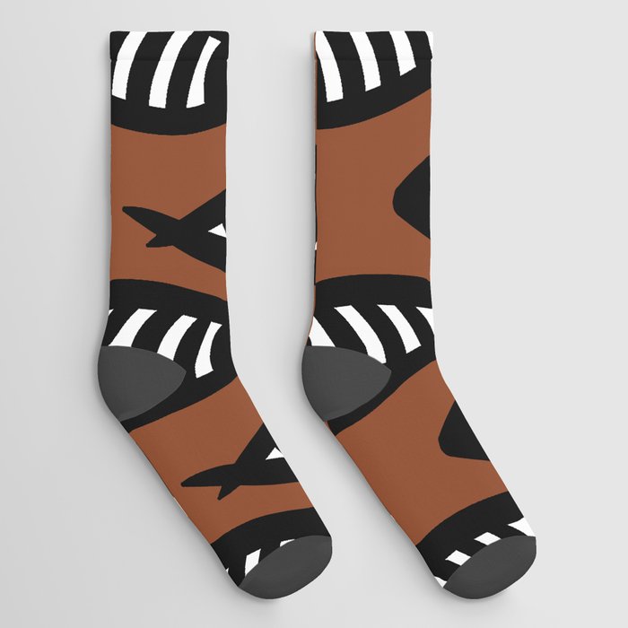 Abstract black and white fish pattern Brown Socks
