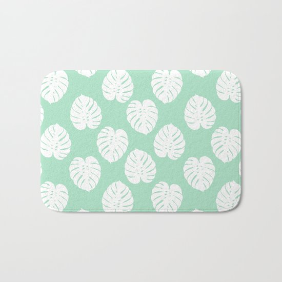 House plant monstera leaf tropical trendy pattern mint and white gender neutral decor Bath Mat