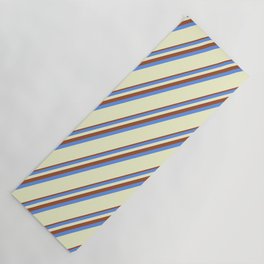 [ Thumbnail: Sienna, Cornflower Blue & Light Yellow Colored Striped/Lined Pattern Yoga Mat ]