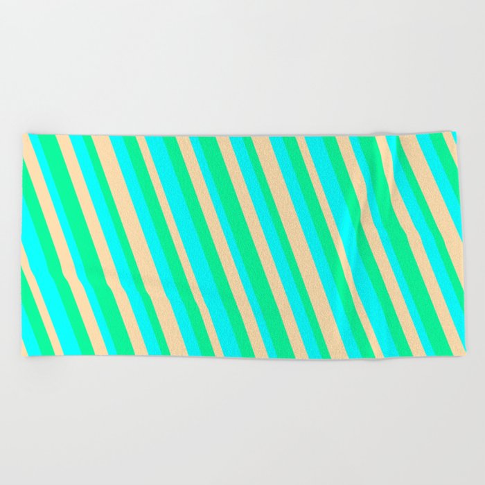 Aqua, Tan, and Green Colored Striped/Lined Pattern Beach Towel
