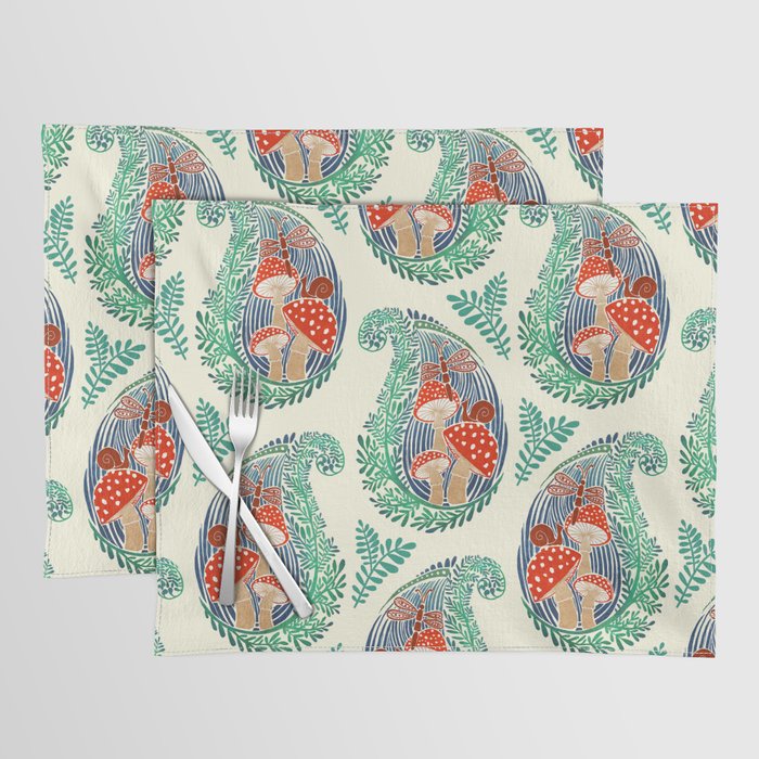 Mushroom Dragonfly Snail Forest Paisley Block Print Placemat