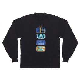 Vintage canned sardines // navy blue background peacock teal and electric blue cans  Long Sleeve T-shirt