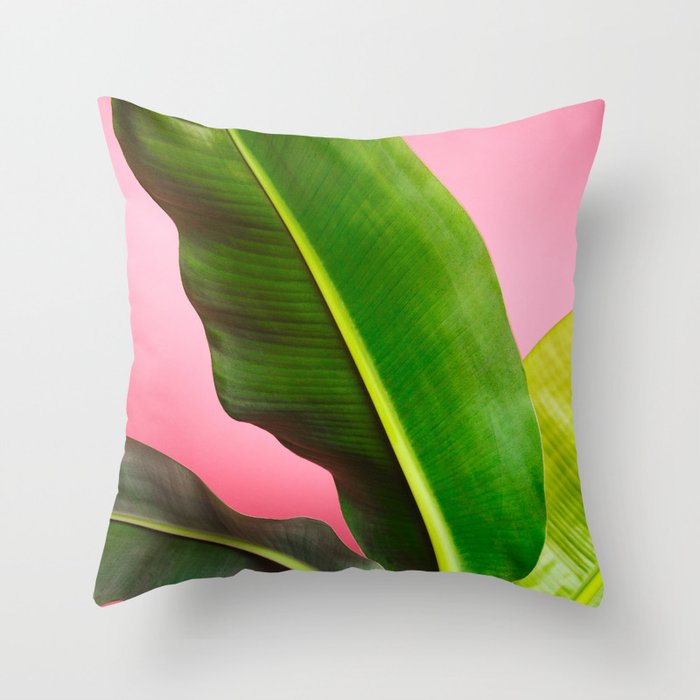 Banana Palm Leaves Pink Background Throw Pillow