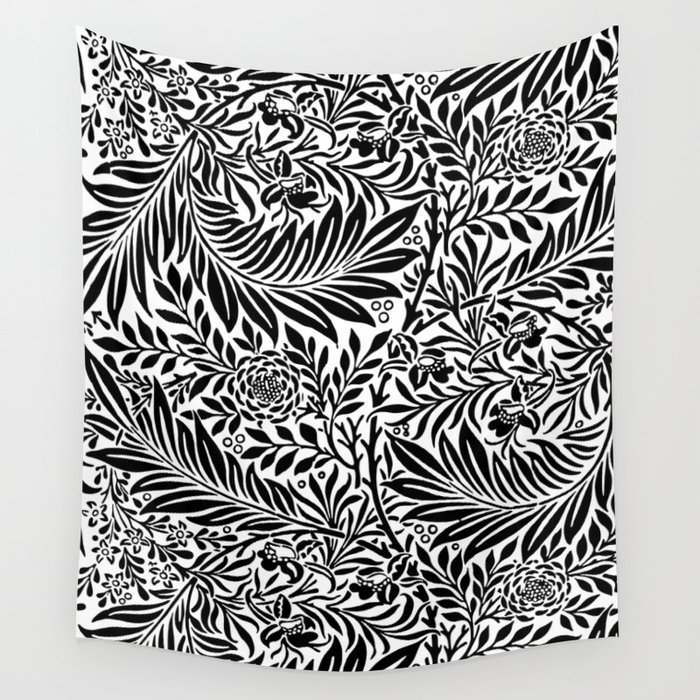 Vintage Leaf And Flower Black White Wall Tapestry