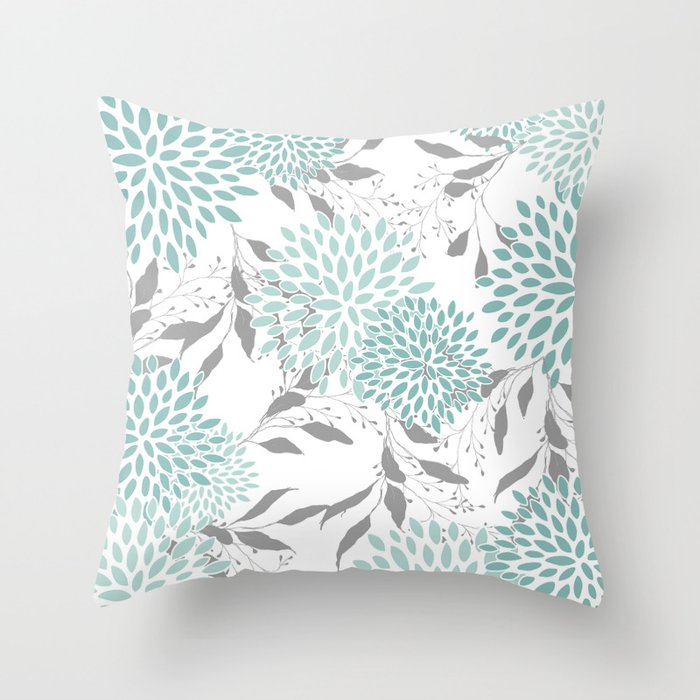 Festive, Floral Blooms and Leaves, Teal and Gray Throw Pillow