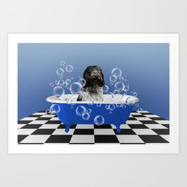 Schapendoes Dog Blue Bathtub Soap Bubbles Art Print