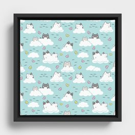 Kawaii Cute Cats In Sky Pattern Framed Canvas