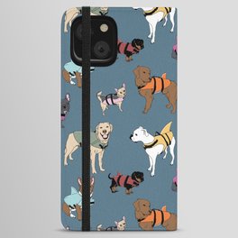 Dogs in Shark Lifejackets on Midnight Blue iPhone Wallet Case