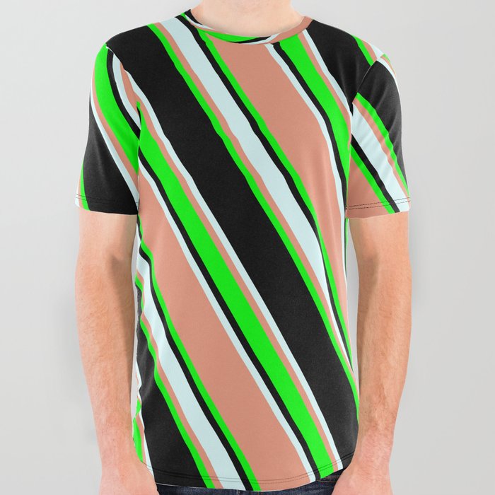 Dark Salmon, Lime, Black & Light Cyan Colored Lines/Stripes Pattern All Over Graphic Tee