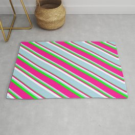 [ Thumbnail: Lime, Deep Pink, White & Light Blue Colored Pattern of Stripes Rug ]
