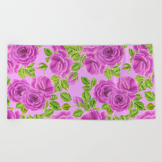 Violet roses watercolor pattern design Beach Towel