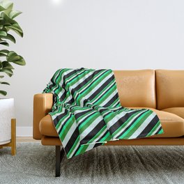 [ Thumbnail: Green, Forest Green, Light Cyan & Black Colored Lines/Stripes Pattern Throw Blanket ]