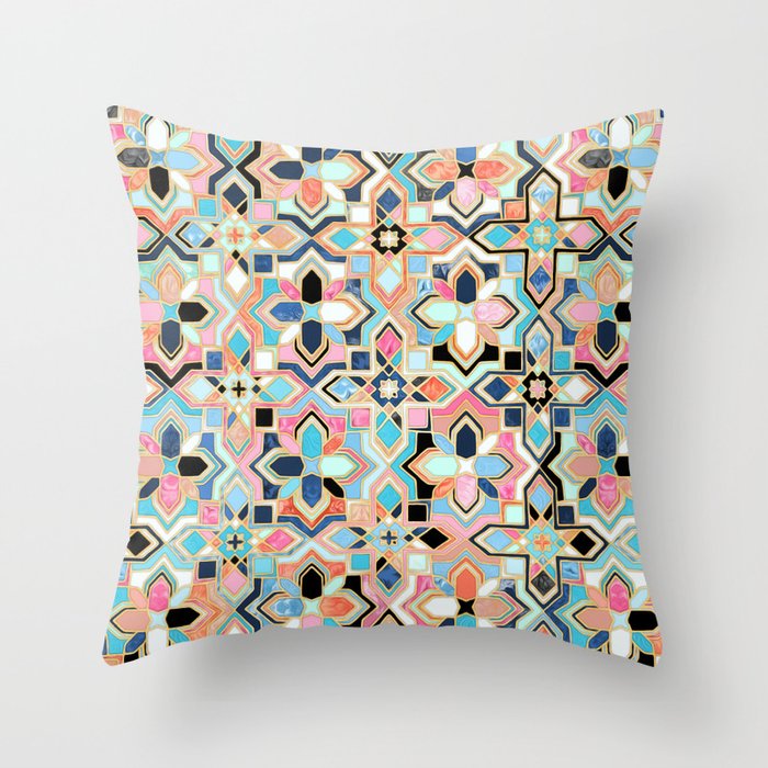 Boho Tilework in Coral Pink and Blue Throw Pillow