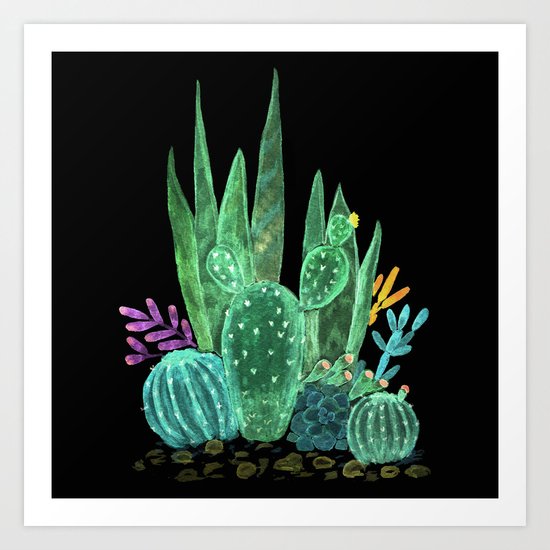 Cacti and succulents on a black background. Art Print