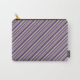 [ Thumbnail: Tan and Dark Slate Blue Colored Lines Pattern Carry-All Pouch ]