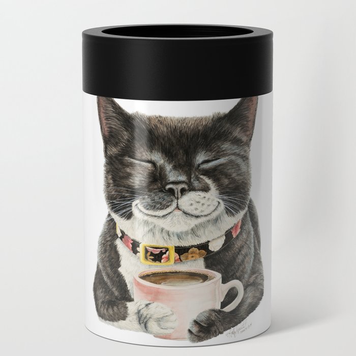 Purrfect Morning , cat with her coffee cup Can Cooler