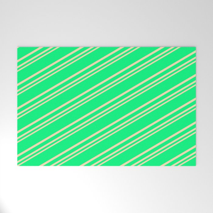 Green & Beige Colored Striped Pattern Welcome Mat