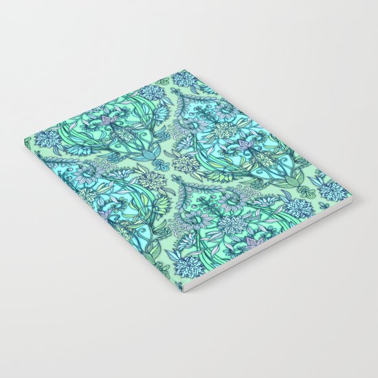 Botanical Moroccan Doodle Pattern in Mint Green, Lilac & Aqua Notebook