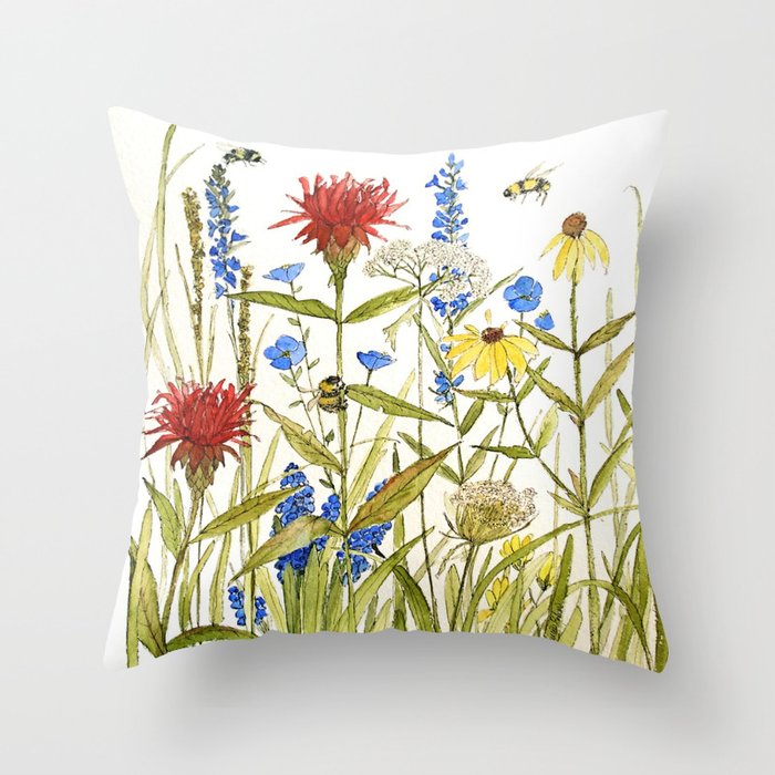 Garden Flower Bees Contemporary Illustration Painting Throw Pillow