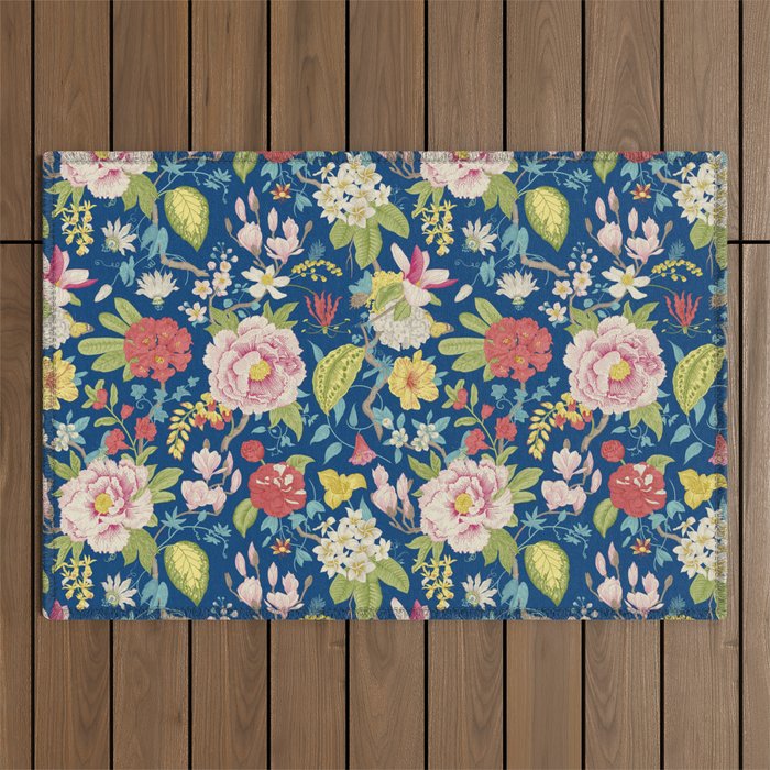 Blooming Summer Floral Garden Blue & Pink Outdoor Rug