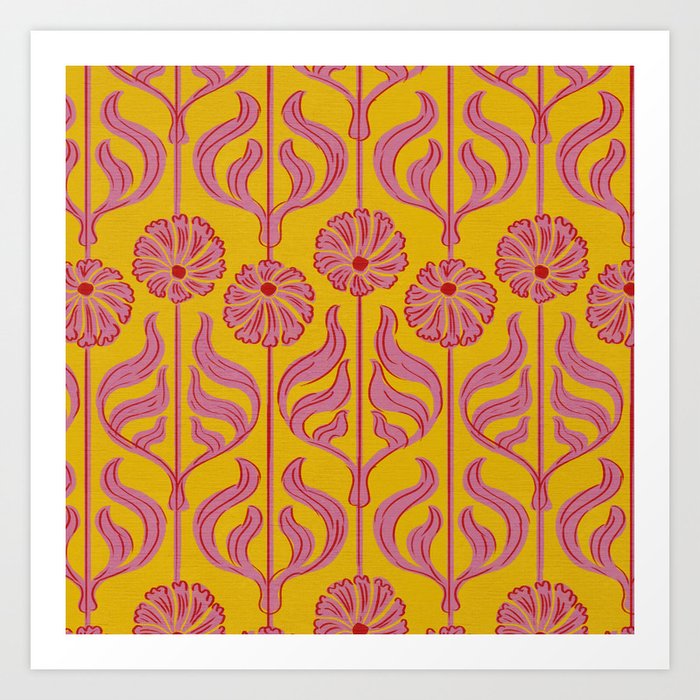Art Deco Chic: Pink Flowers on Mustard Yellow Art Print